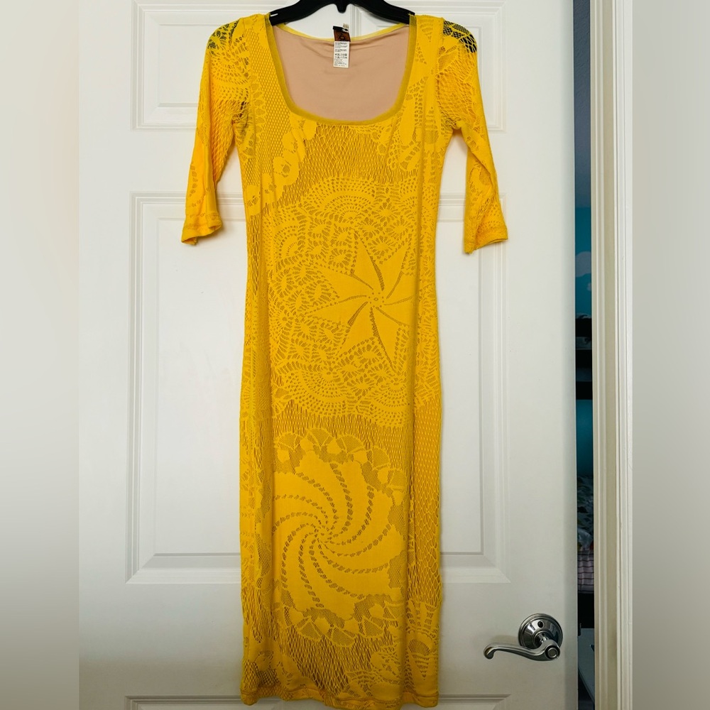 Jean-Paul Gaultier Fuzzi Yellow Mesh Midi Dress size Small.